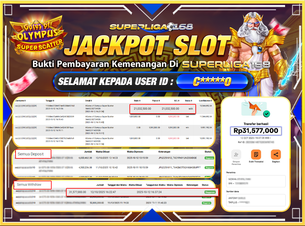 SUPERLIGA168 JACKPOT GATES OF OLYMPUS SUPER SCATTER Rp.31,577,000-LUNASSS